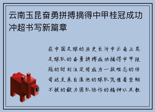 云南玉昆奋勇拼搏摘得中甲桂冠成功冲超书写新篇章