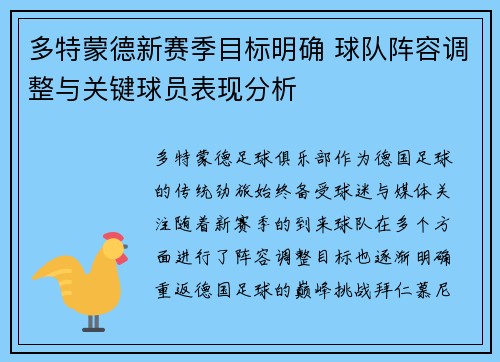 多特蒙德新赛季目标明确 球队阵容调整与关键球员表现分析